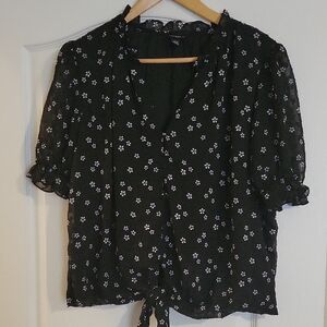 Black Floral Tie Front Blouse Puff Sleeve Boho Top Size XL